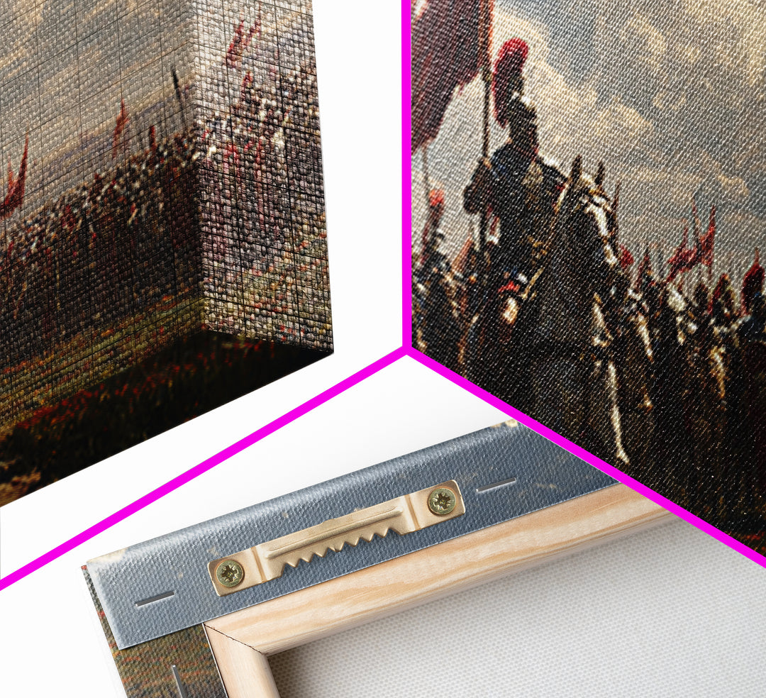 Mounted Knight Army With Red Banner Framed Canvas Print, Medieval Battle Wall Decor, Historical Art, Living Room Decor, Statement Artwork