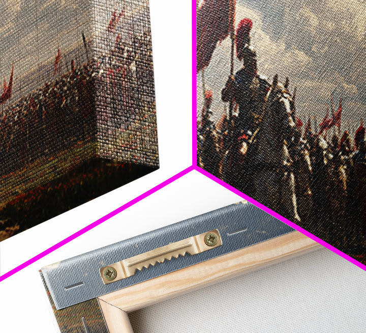 Mounted Knight Army With Red Banner Framed Canvas Print, Medieval Battle Wall Decor, Historical Art, Living Room Decor, Statement Artwork