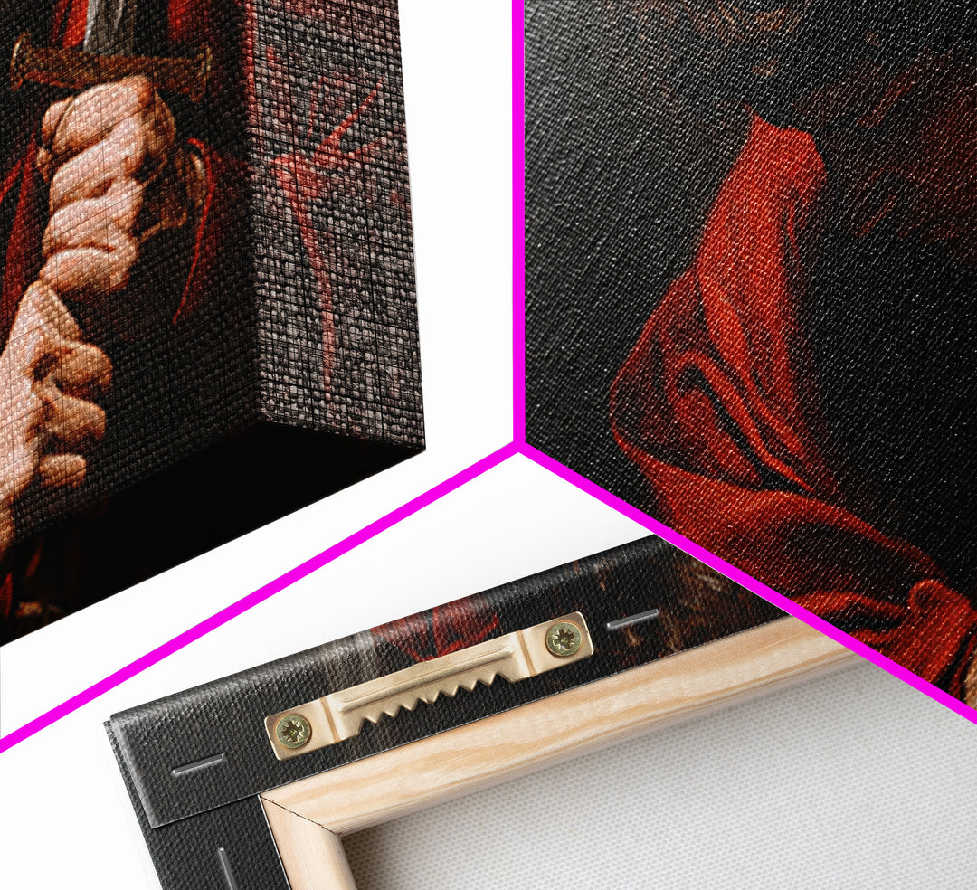 Red Cloaked Swordsman In Shadow Framed Canvas Print, Medieval Portrait Wall Art, Dark Academia Office Decor, Gift For Him