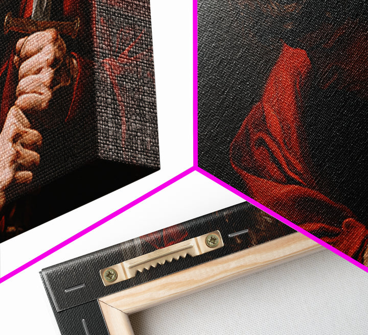 Red Cloaked Swordsman In Shadow Framed Canvas Print, Medieval Portrait Wall Art, Dark Academia Office Decor, Gift For Him