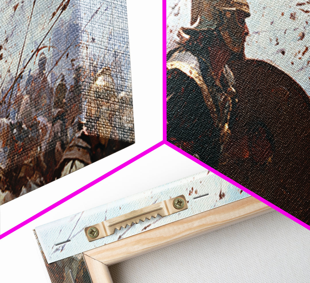 Ancient Shield Bearer Charging Through Arrows Wall Art, Roman Battle Painting, Historical Warrior Living Room Decor Gift For Him