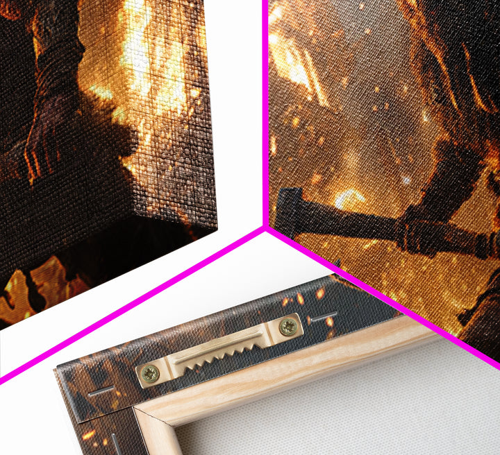 Fiery Viking Warrior Holding Axe Against Burning Village Background Canvas Print For Rustic Home Decor And Office Art
