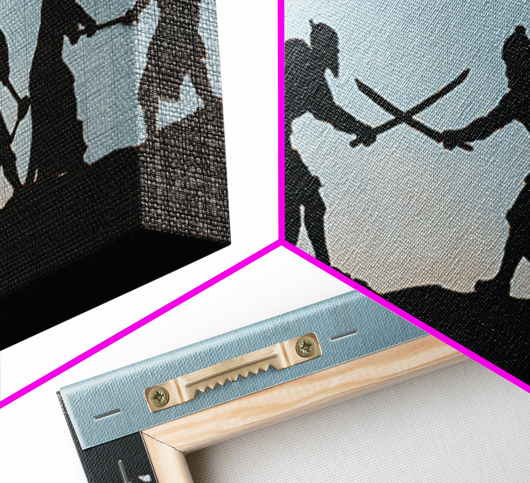 Silhouetted Sword Fighters Wall Art, Minimalist Warrior Battle Print, Black And White Decor, Fantasy Office Art Gift For Him