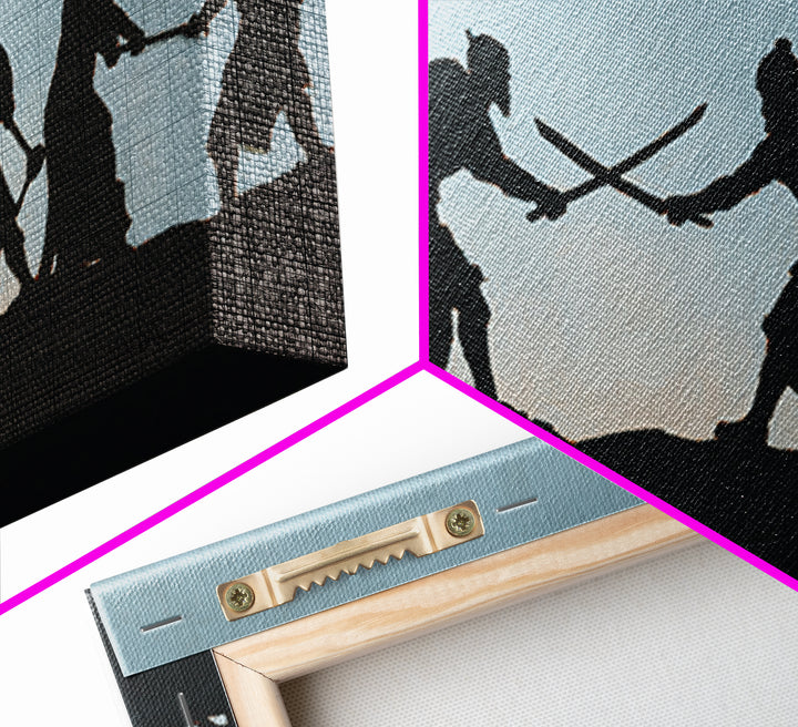 Silhouetted Sword Fighters Wall Art, Minimalist Warrior Battle Print, Black And White Decor, Fantasy Office Art Gift For Him
