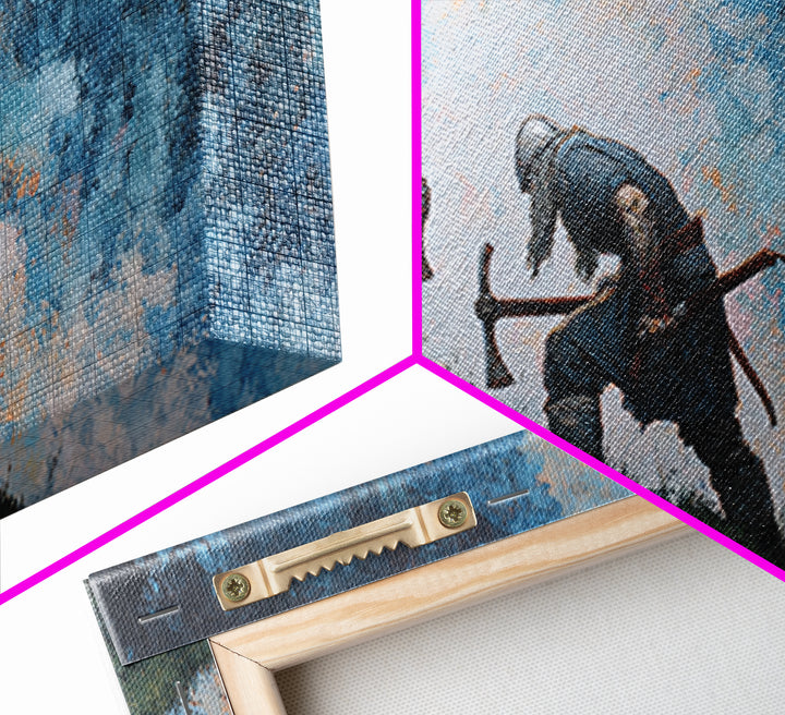 Two Axe Warriors Climbing Stormy Ridge Framed Canvas Print, Viking Battle Wall Art, Dark Fantasy Office Decor Gift, Medieval Art Print