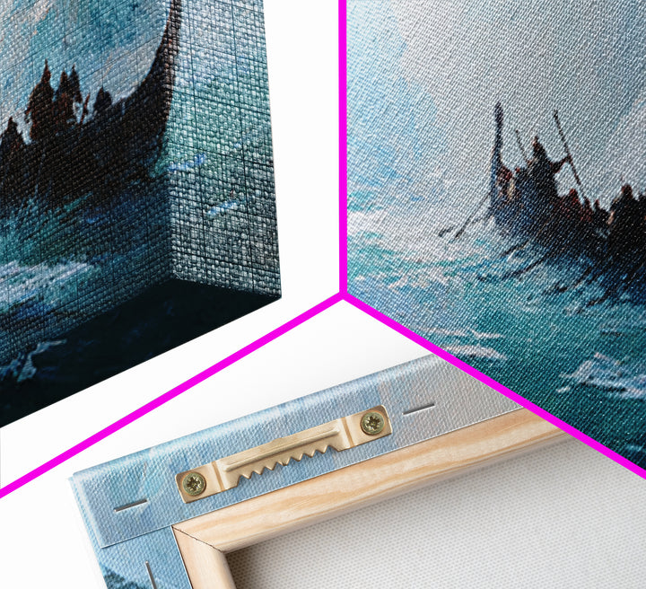 Icy Viking Longship On Turquoise Fjord Canvas Print, Nordic Seascape Wall Decor, Coastal Adventure Art, Gift For Him, Home Decor