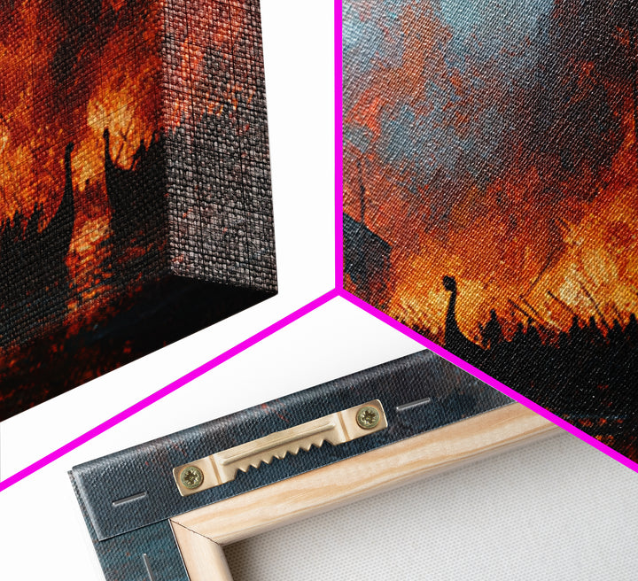Burning Viking Longships At Sea Wall Art, Dramatic Fantasy Art, Moody Seascape, Historical Battle, Living Room Decor, Office Decor
