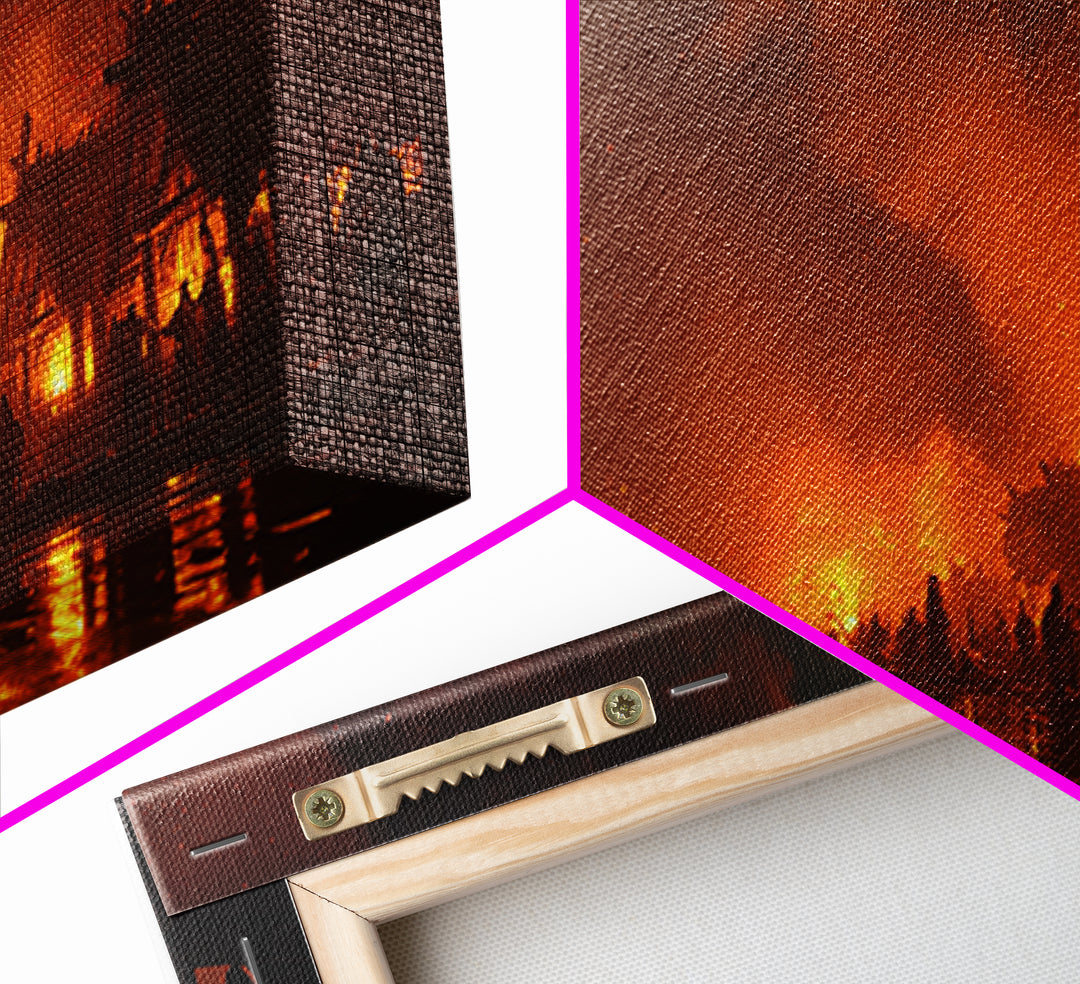 Burning Viking Village At Night Canvas Print, Fiery Harbor Wall Art, Norse Fantasy Decor, Dramatic Medieval Landscape Poster
