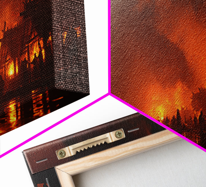 Burning Viking Village At Night Canvas Print, Fiery Harbor Wall Art, Norse Fantasy Decor, Dramatic Medieval Landscape Poster