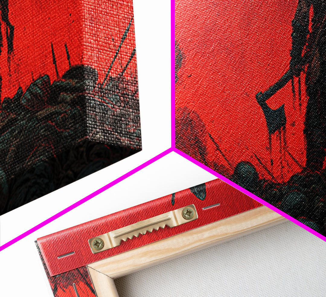 Lone Viking Warrior On Red Battlefield Wall Art, Dark Fantasy Canvas, Nordic War Decor, Masculine Office Art, Gift For Him