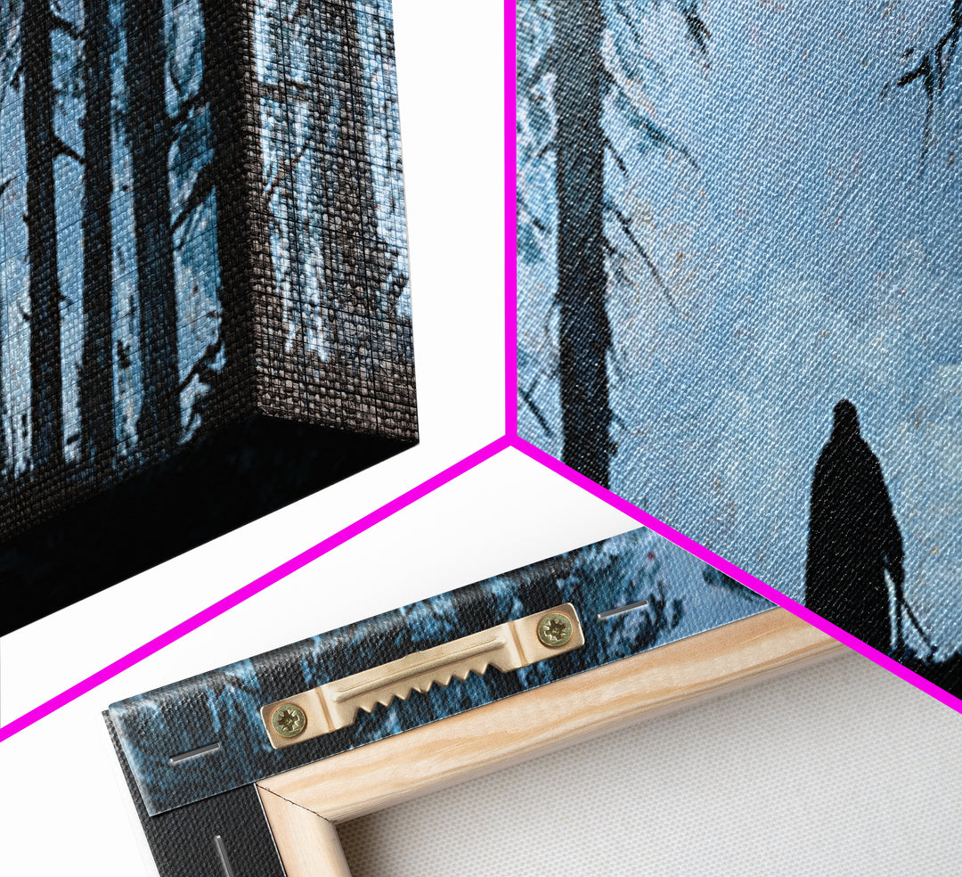 Lone Wanderer In Dark Pine Forest Wall Art, Moody Landscape Print, Gothic Nature Decor, Fantasy Cabin Wall Decor Gift For Him
