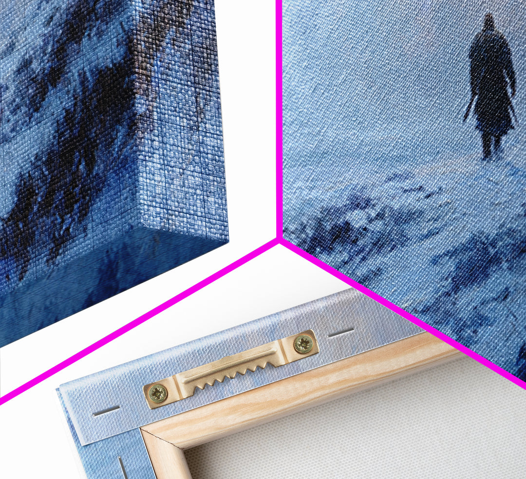 Lone Warrior In Snowy Blue Highlands Wall Art Winter Landscape Canvas, Viking Inspired Decor, Moody Large Print For Living Room Decor