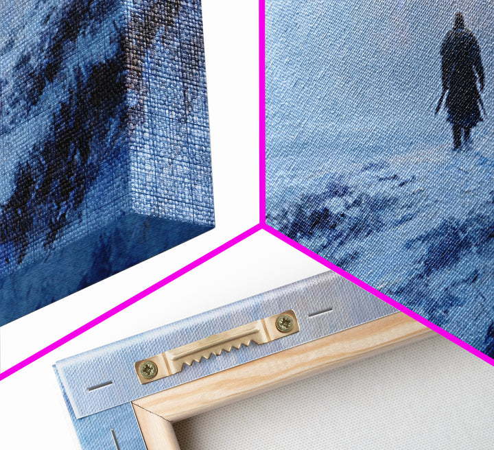 Lone Warrior In Snowy Blue Highlands Wall Art Winter Landscape Canvas, Viking Inspired Decor, Moody Large Print For Living Room Decor