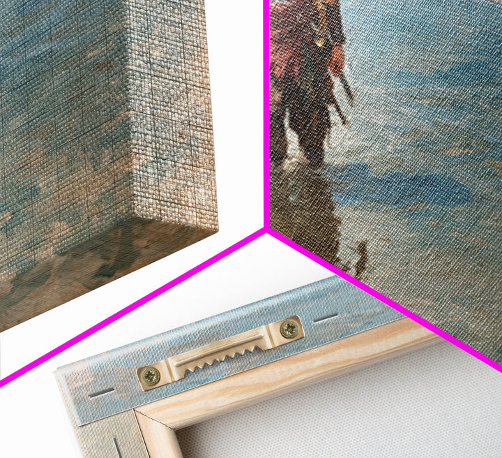 Solitary Warrior Walking Through Blue Water Canvas Print, Coastal Battle Wall Art, Heroic Landscape Decor, Modern Gift For Him