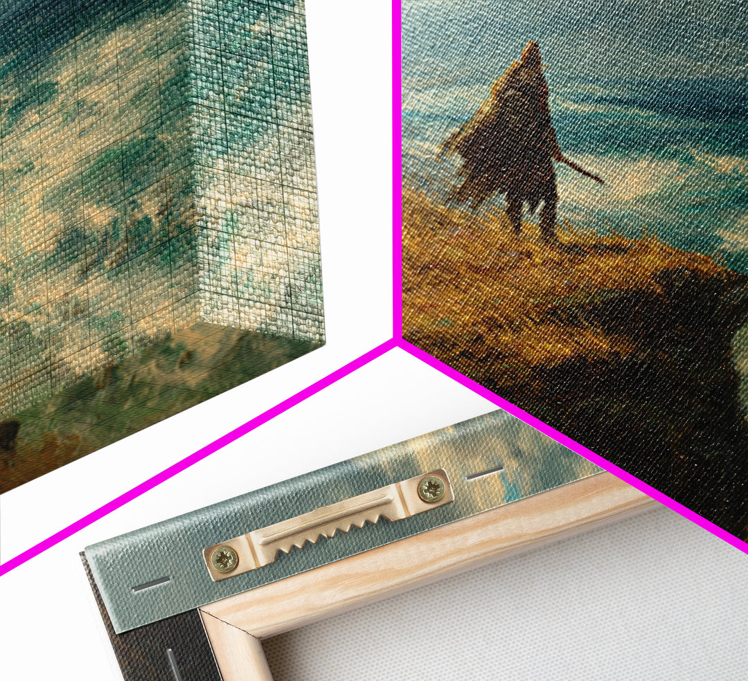 Cloaked Warrior On Ocean Cliff Wall Art, Moody Seascape Canvas Print, Fantasy Coastal Decor For Office Or Living Room Art