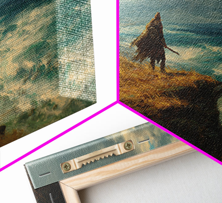 Cloaked Warrior On Ocean Cliff Wall Art, Moody Seascape Canvas Print, Fantasy Coastal Decor For Office Or Living Room Art