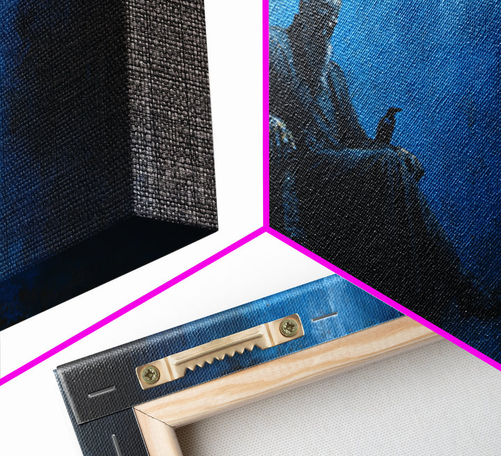 Dark Seated Figure With Raven Canvas Print Blue Gothic Portrait, Moody Wall Decor, Dark Academia Art For Living Room And Office Decor