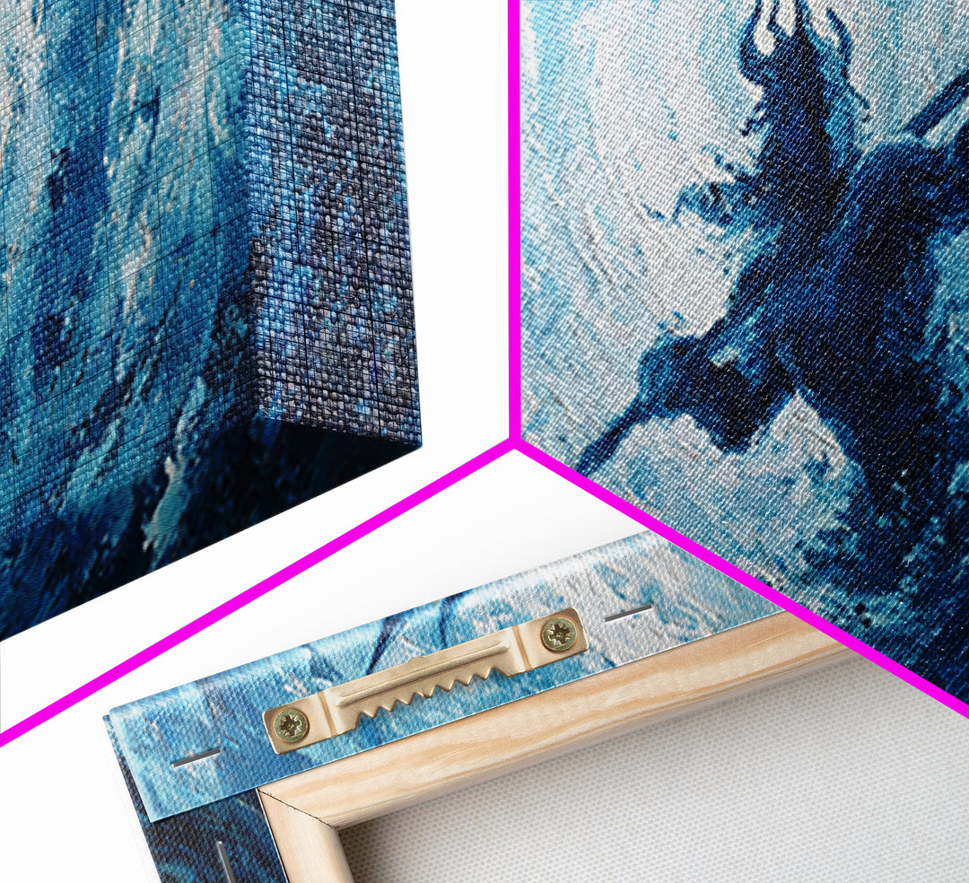 Poseidon Trident In Swirling Ocean Canvas Print Mythological Large Blue Wall Art, Fantasy Seascape For Coastal Home Decor
