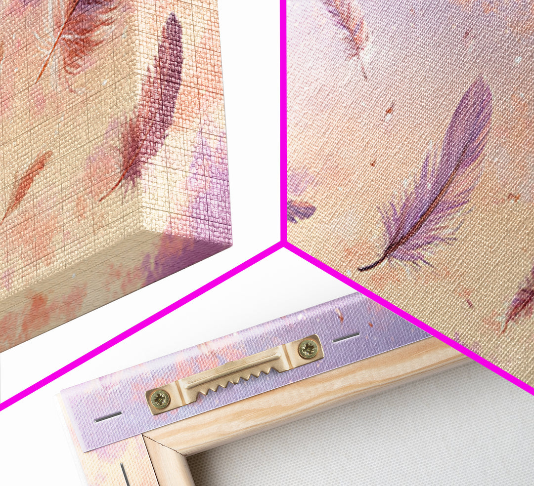Floating Feathers Canvas Print, Pastel Sunset Sky Wall Art, Dreamy Celestial Decor, Soft Boho Bedroom Wall Decor, Gift For Her