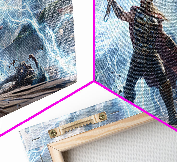 Epic Fantasy Artwork Of Thunder God Wielding Hammer Lightning Storm Detailed Surreal Wall Art Canvas Print
