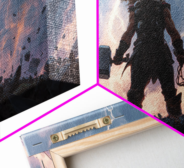 Thunder God Warrior With Hammer And Lightning Wall Art, Mythological Fantasy Canvas Print, Dramatic Storm Decor Gift For Him