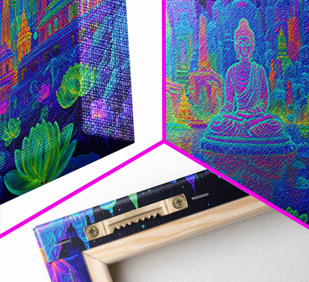 Vibrant Neon Cityscape With Buddha Statue And Lotus Flowers Modern Wall Art Colorful Spiritual Canvas Print