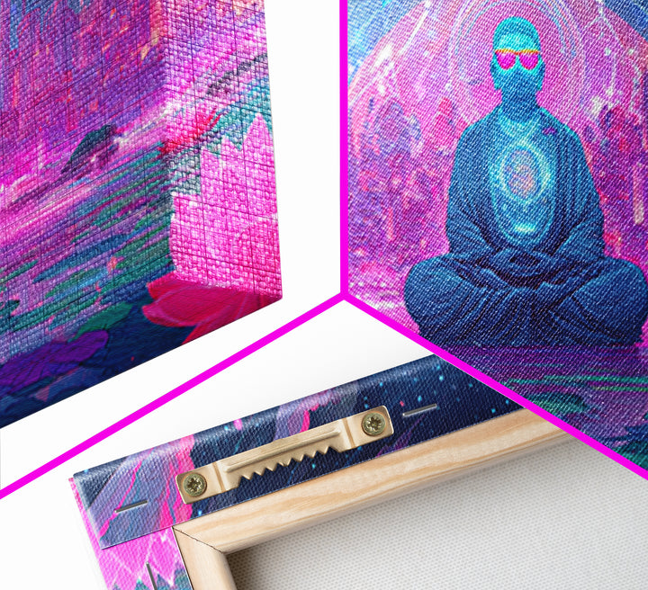 Futuristic Meditating Figure With Neon Cityscape Abstract Wall Art Framed Canvas Print For Office And Living Room