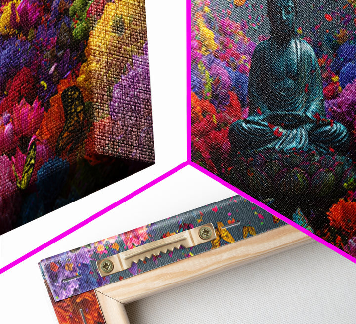 Meditative Buddha Statue Surrounded By Colorful Flowers And Butterflies Contemporary Wall Art Framed Canvas Print