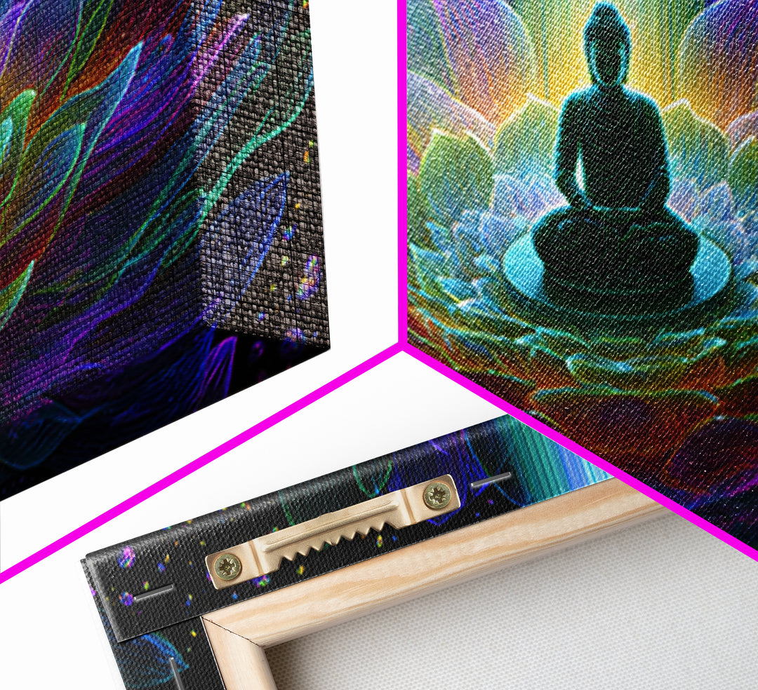 Spiritual Buddha Lotus Flower Meditation Colorful Neon Mandala Wall Art Canvas Print For Zen Room