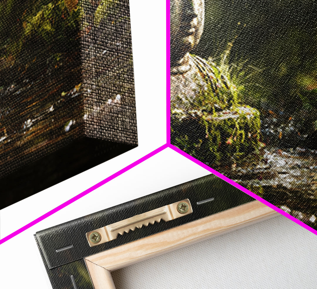 Serene Buddha Statue In Mossy Forest Water Reflection Wall Art Framed Canvas Print For Spa Zen Home Decor