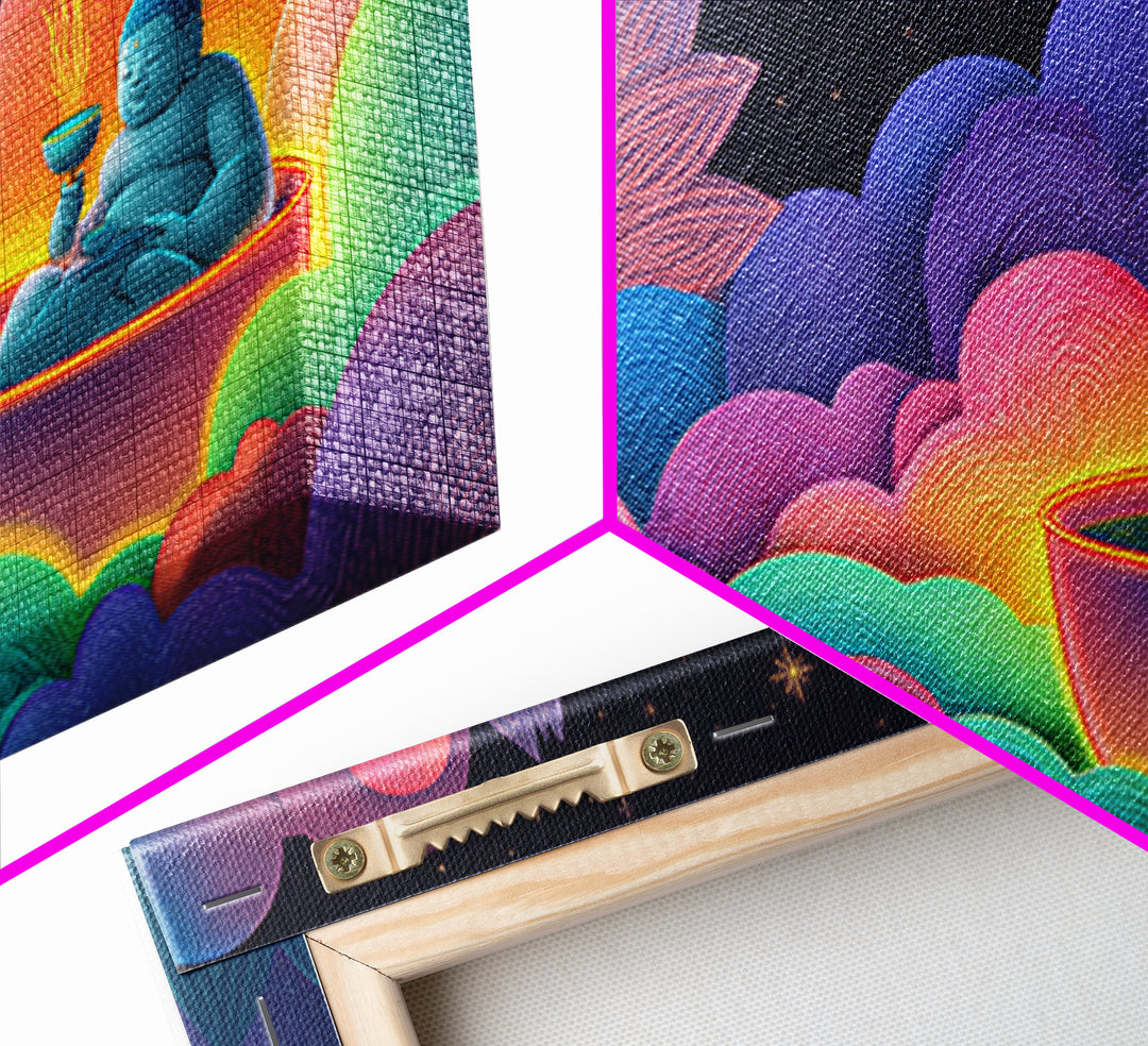 Colorful Vibrant Buddha With Neon Aura And Dynamic Clouds Spiritual Wall Art For Meditation Room And Yoga Studio Canvas Print
