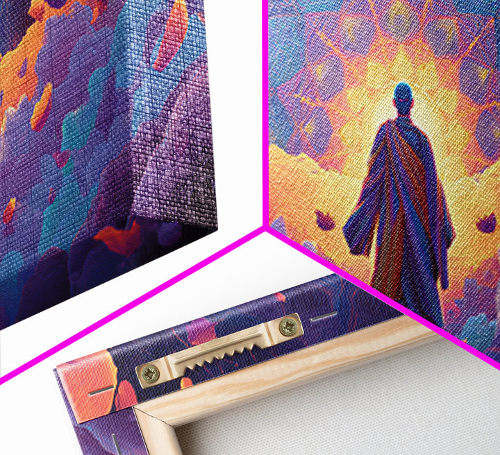 Mystical Monk Walking On Path Surrounded By Glowing Petals Spiritual Canvas Print Meditative Wall Art For Home Decor