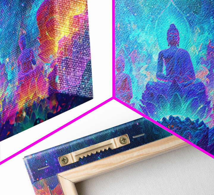 Mystical Buddha Statues Surrounded By Vibrant Lotus Flowers Spiritual Wall Art For Yoga Room Decor Canvas Print