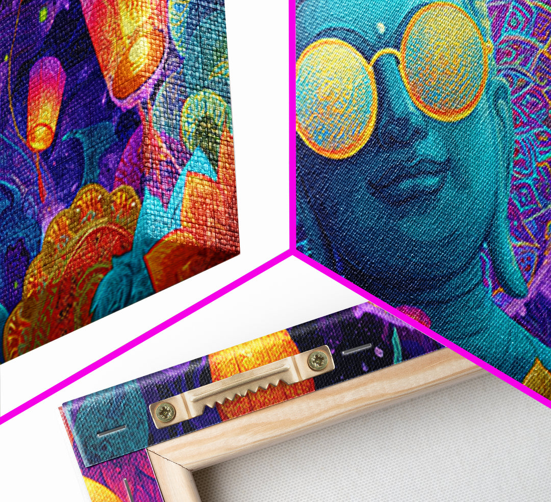 Colorful Buddha Statue With Lanterns And Floral Mandala Neon Art Print Modern Spiritual Wall Art Framed Canvas Print