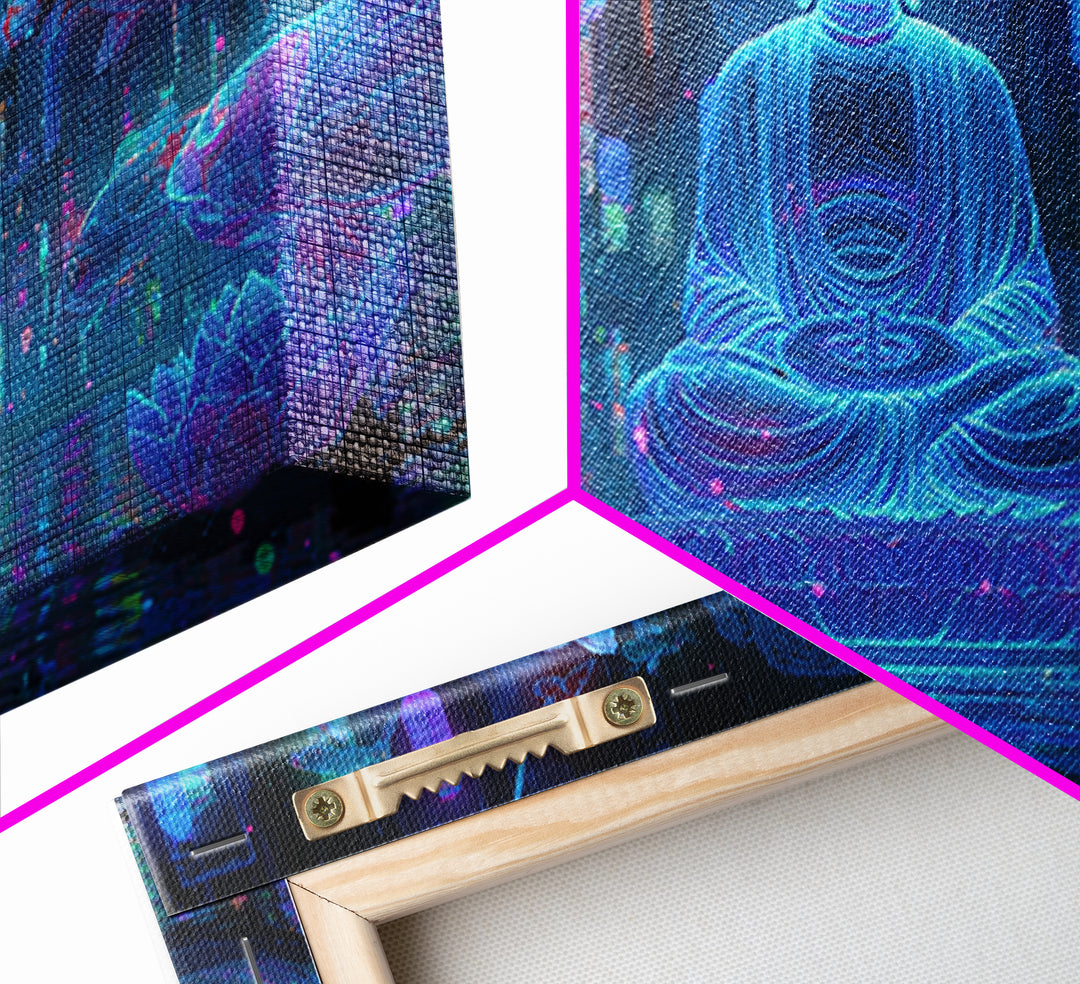 Mystical Neon Buddha Sitting With Koi Fish In Cyber Water Garden Wall Art Digital Canvas Print For Modern Home Decor