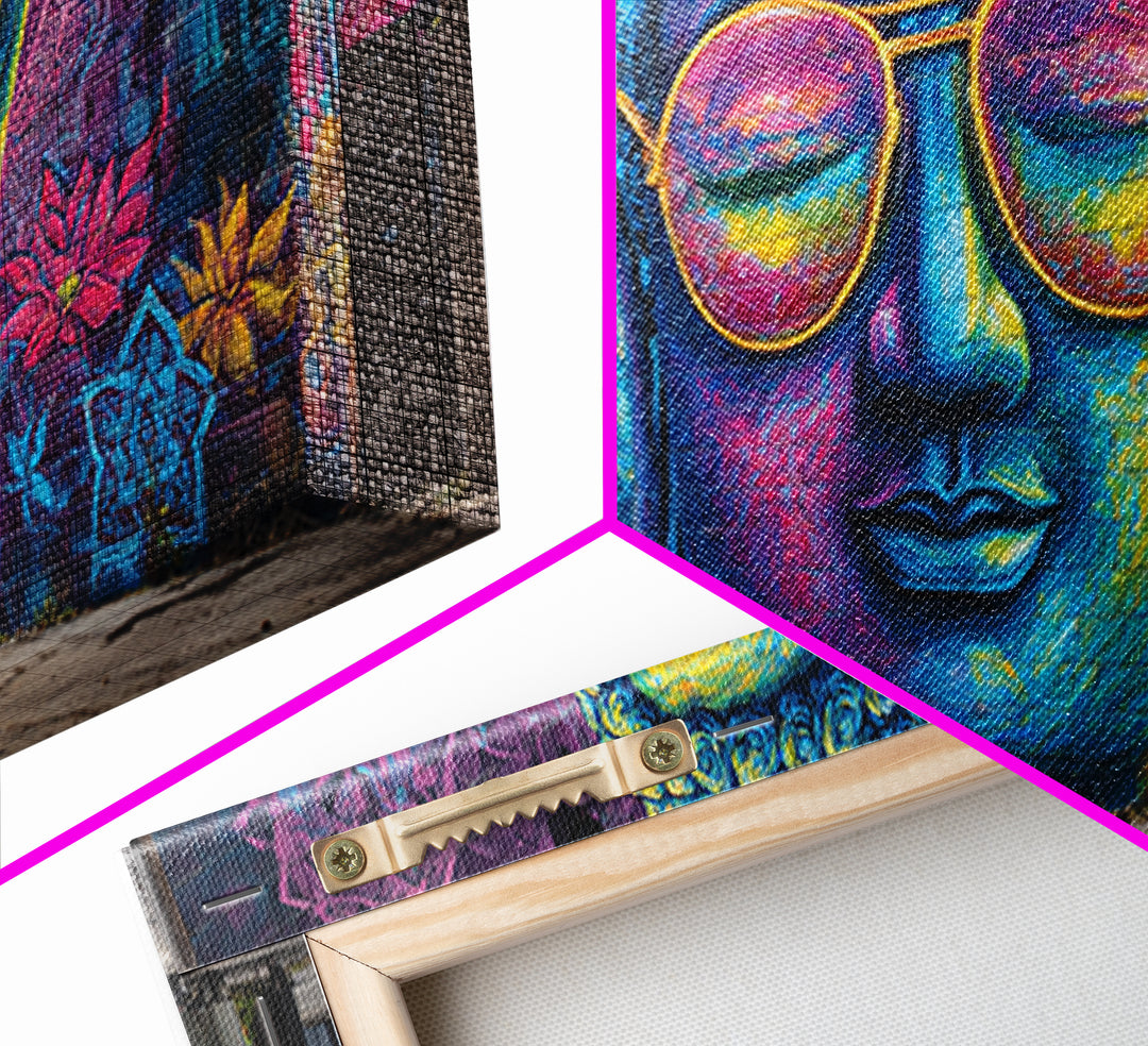 Colorful Graffiti Mural Of Buddha Wearing Sunglasses Vibrant Street Art Wall Art Framed Canvas Print