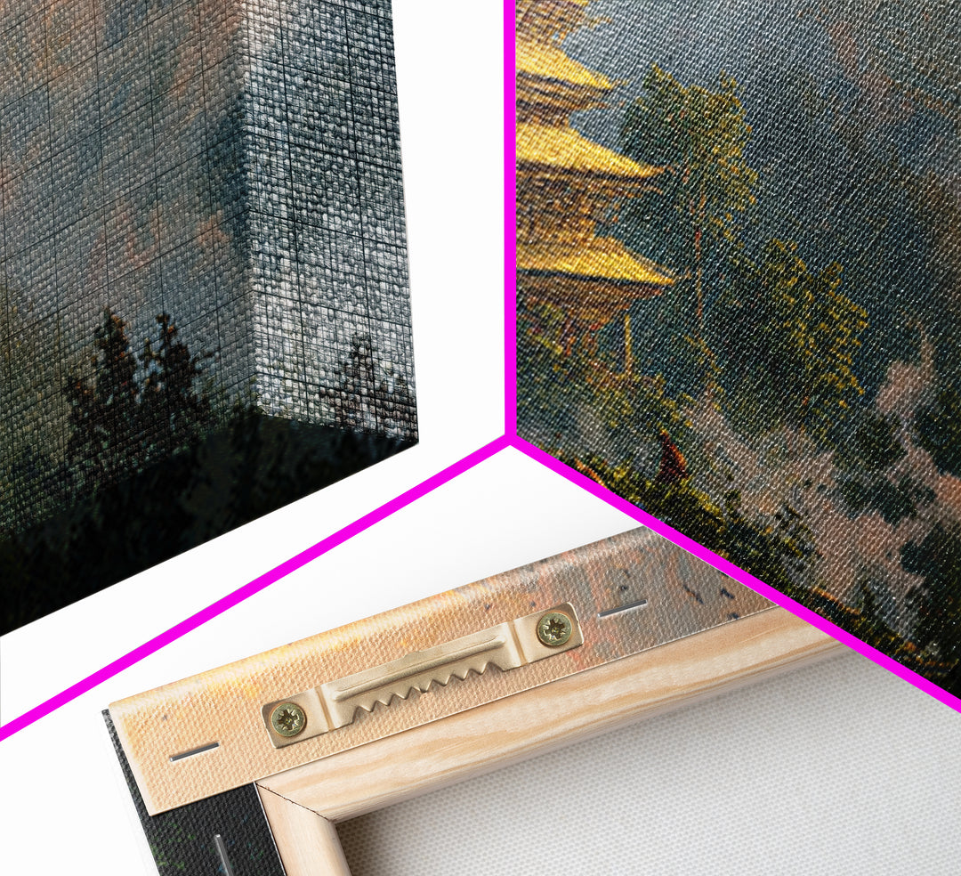 Serene Mystic Temple Amidst Lush Nature With Rising Sun Landscape Wall Art, Original Painting, Zen Home Decor Framed Canvas Print