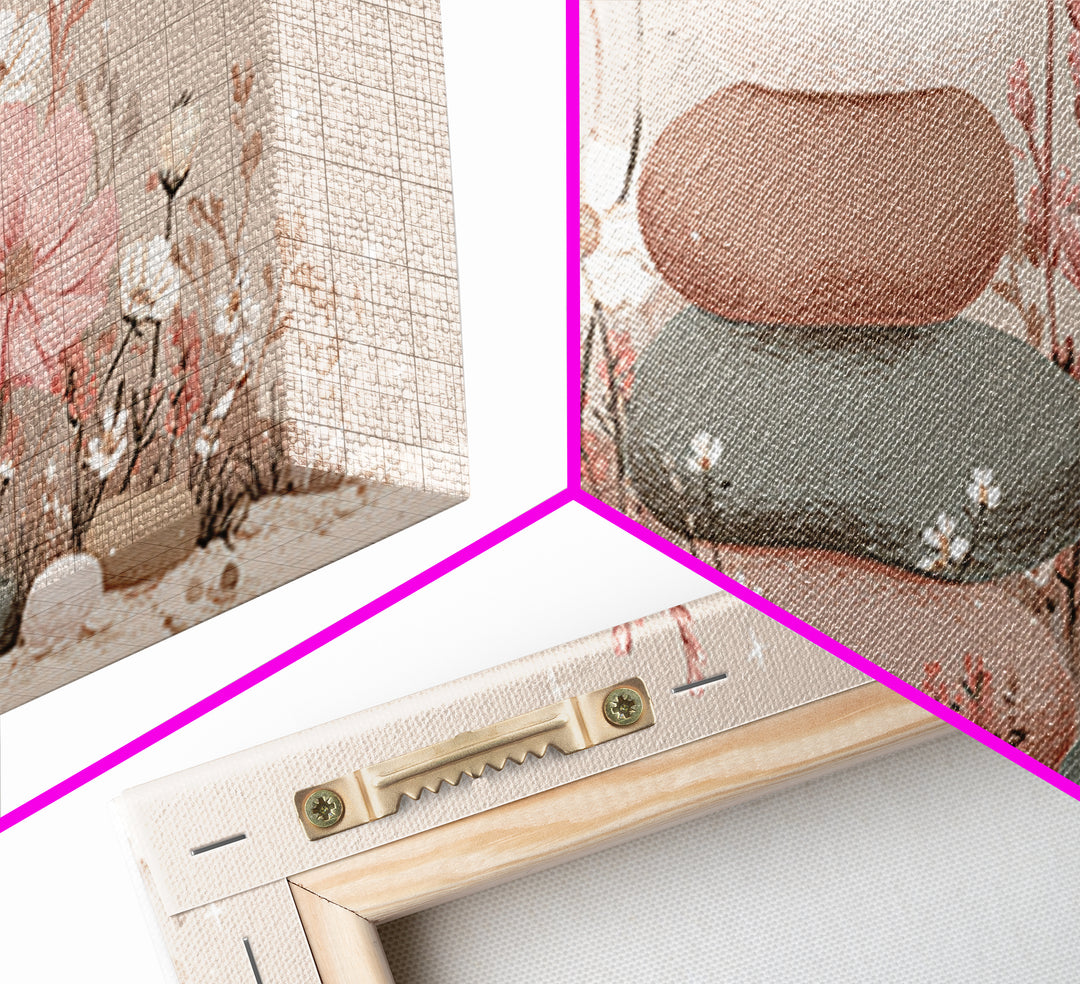 Stacked Zen Stones Wall Art, Pink Floral Spa Decor, Wabi Sabi Neutral Home Decor, Calming Bathroom Meditation Canvas Print