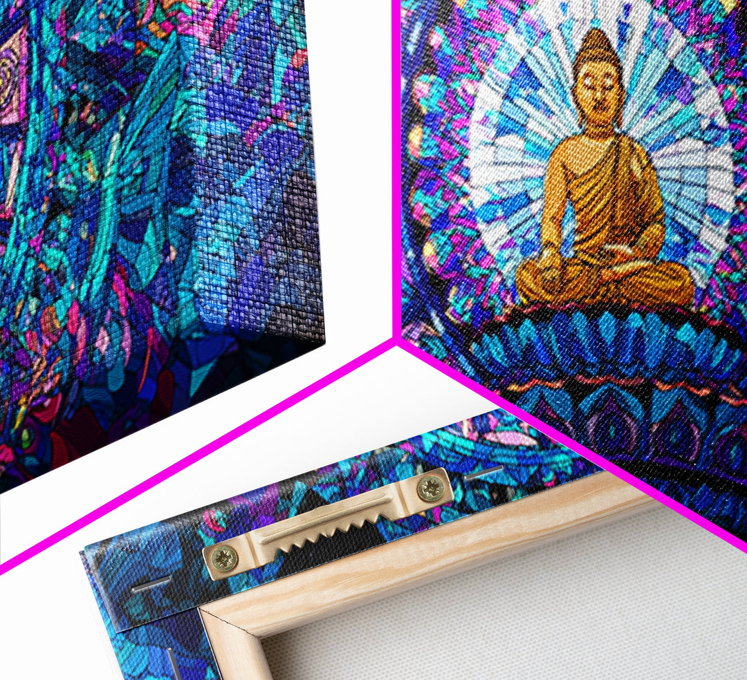 Stained Glass Style Blue Buddha Meditation Wall Art Framed Canvas Print For Spa Decor And Spiritual Home Decor