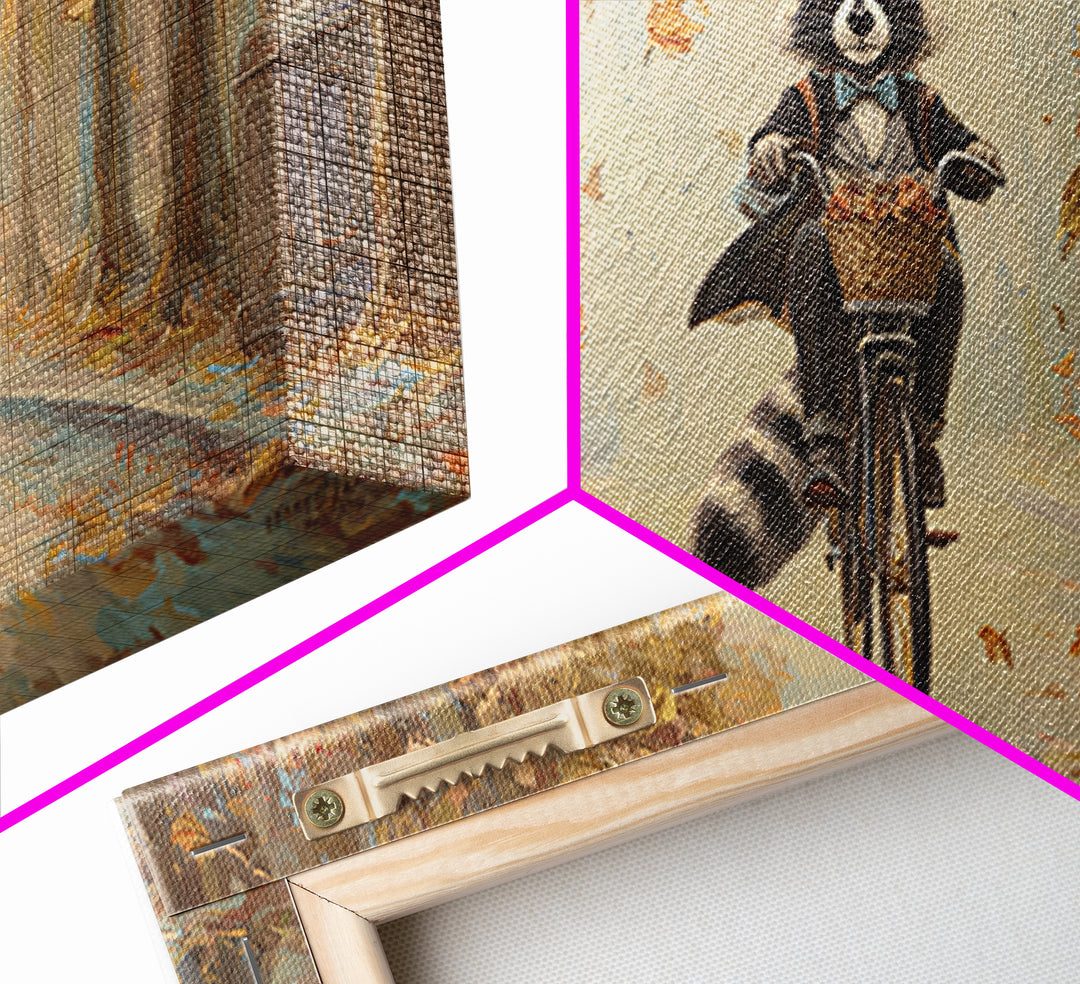 Whimsical Raccoon Riding Bicycle Canvas Print, Autumn Wall Art, Cute Animal Art, Kids Room Decor, Nursery Wall Art, Gift