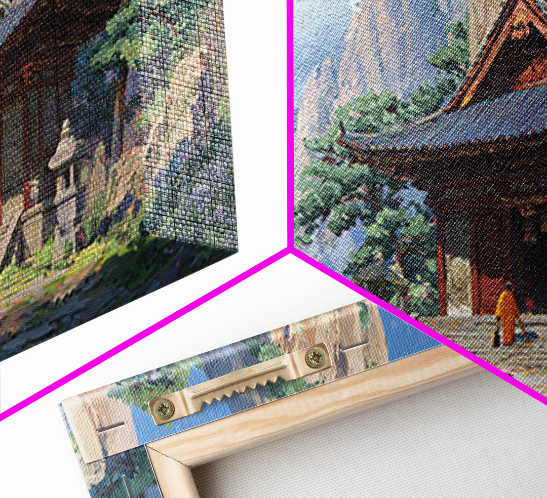 Peaceful Buddhist Temple Amid Mountains With Morning Mist Landscape Wall Art, Original Artwork Framed Canvas Print, Zen Decor