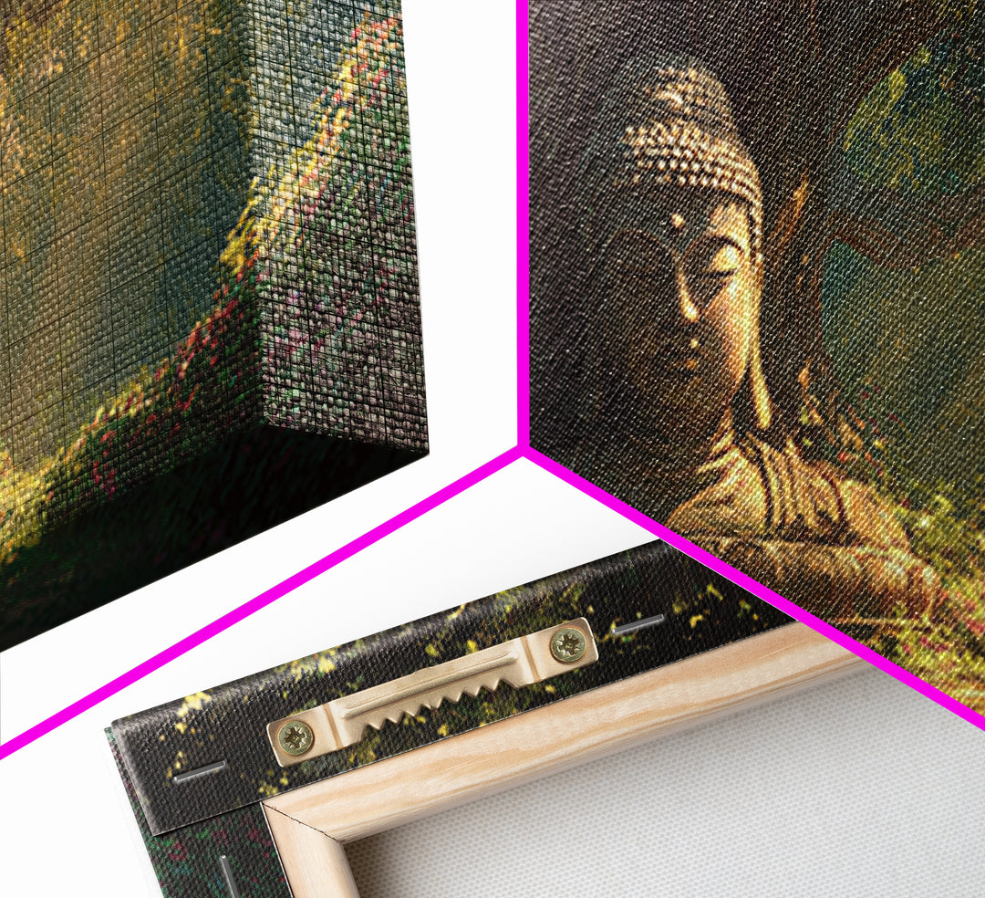Serene Buddha Statue In Lush Forest Meditation Wall Art Framed Canvas Print For Zen Home Decor And Spiritual Wall Decor