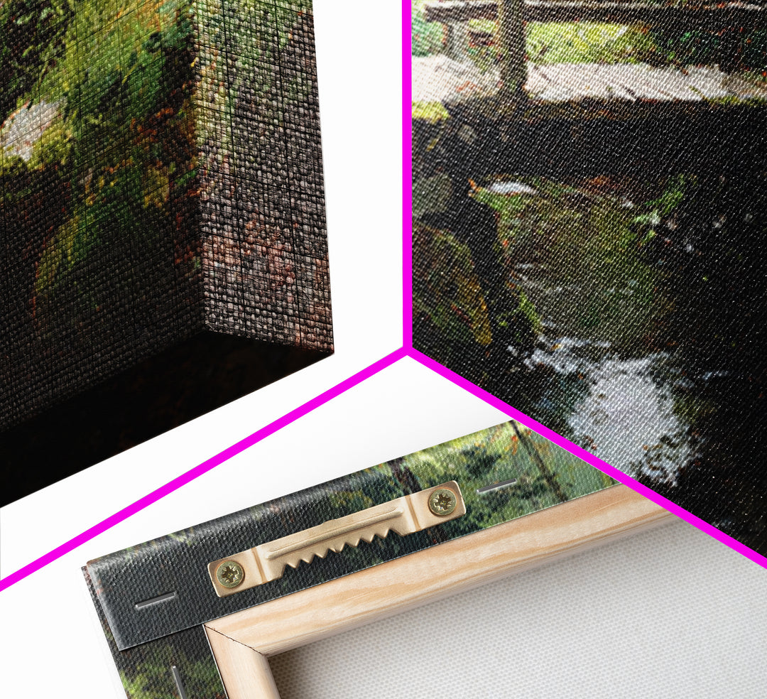 Nature Trail With Wooden Bridge Over Stream Forest Waterfall Landscape Painting Canvas Print Wall Art