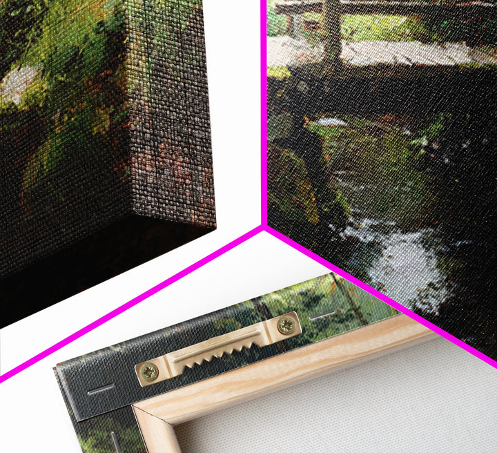 Nature Trail With Wooden Bridge Over Stream Forest Waterfall Landscape Painting Canvas Print Wall Art