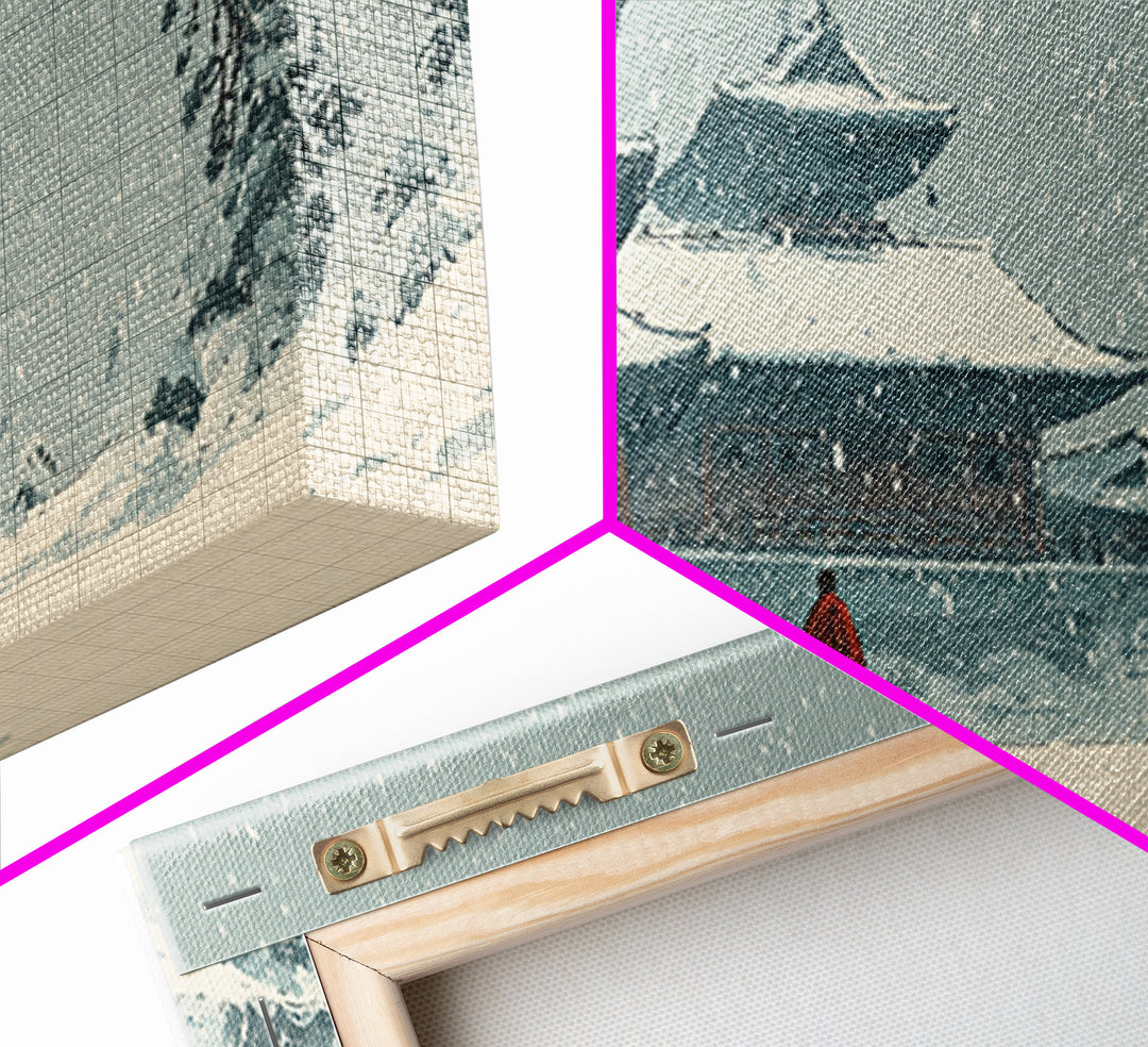 Snowy Temple Scene With Footprints In The Snow Winter Landscape Painting Framed Canvas Print