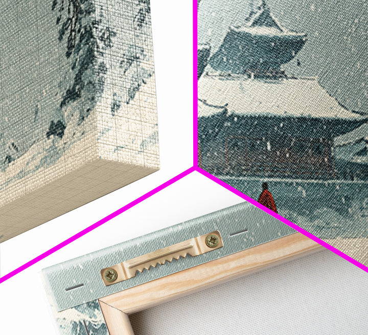 Snowy Temple Scene With Footprints In The Snow Winter Landscape Painting Framed Canvas Print