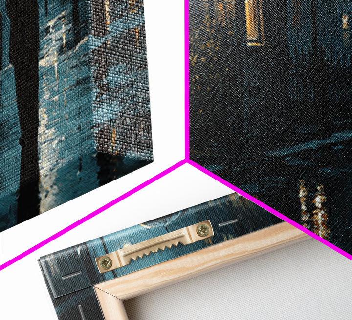 Rainy Noir City Street Wall Art, Blue Urban Night Canvas Print, Moody Office Decor, Dark Academia Living Room Print, Gift