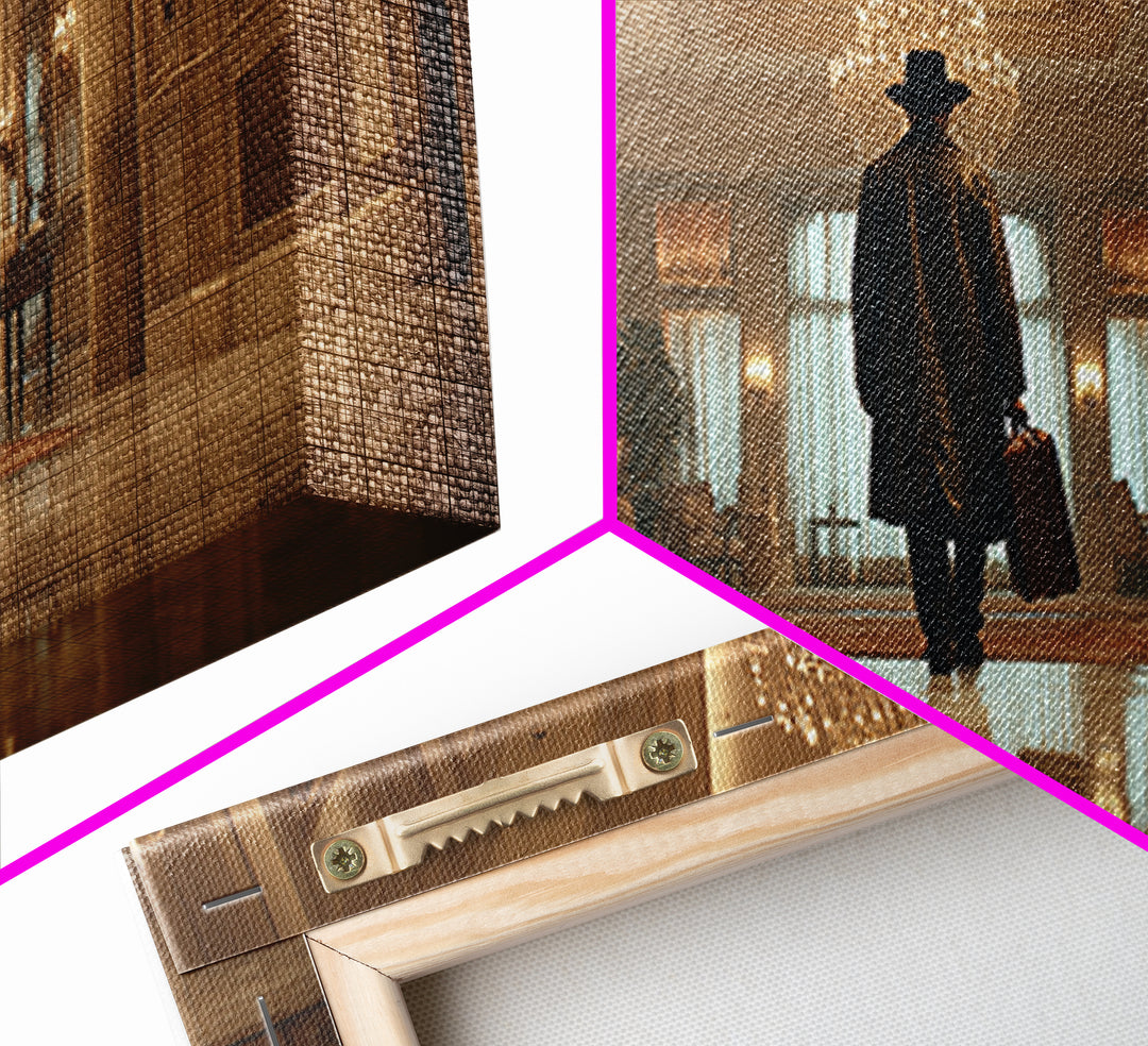 Mysterious Traveler In Luxury Hotel Lobby Canvas Print, Moody Wall Art, Dark Academia Decor, Grand Hallway Office Art Gift