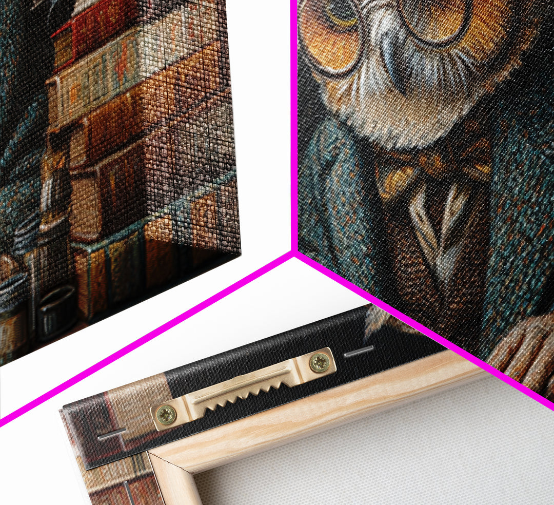 Scholarly Owl Writing Among Antique Books Framed Canvas Print, Whimsical Wall Art, Library Decor, Dark Academia, Bird Lover Gift