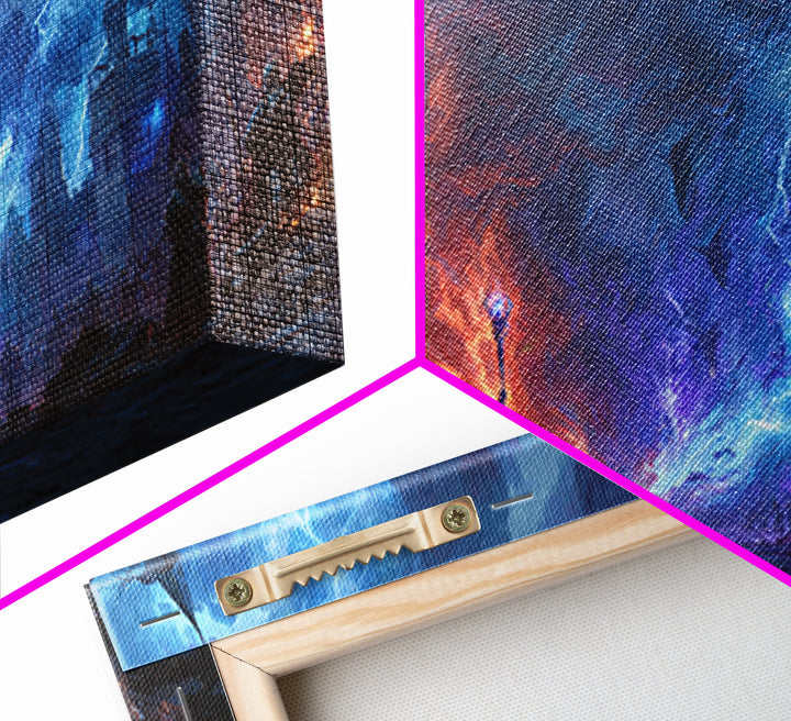 Epic Fire And Lightning Battle Wall Art, Dark Fantasy Art, Dragon Castle Scene, Gothic Wall Decor, Gaming Room Decor, Sci Fi Art